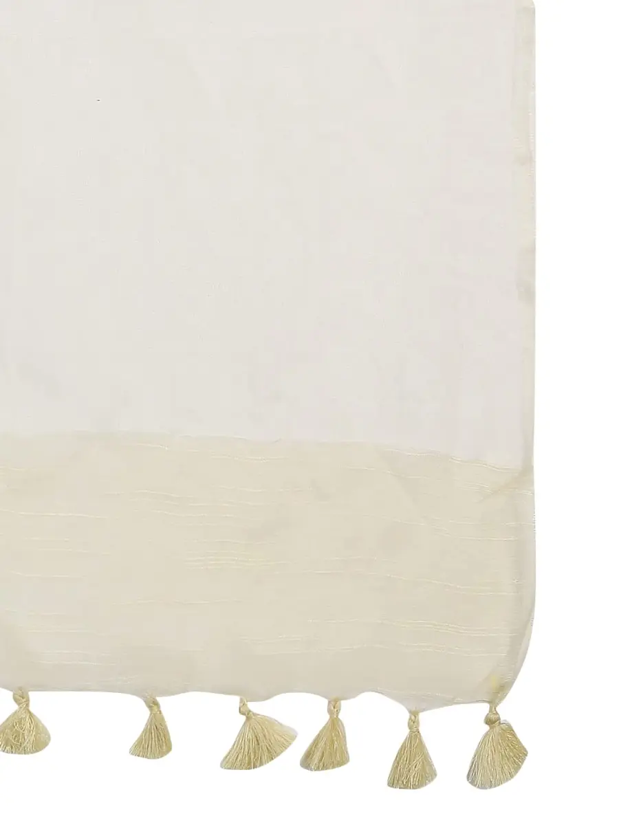 DUPATTA BAZAAR Cream Linen Dupatta with Organza Border and Tassels 2.4m (8.2 ft) | Imported Elegance for Indian Occasions - view 3