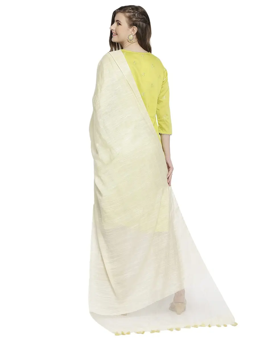 DUPATTA BAZAAR Cream Linen Dupatta with Organza Border and Tassels 2.4m (8.2 ft) | Imported Elegance for Indian Occasions - view 4