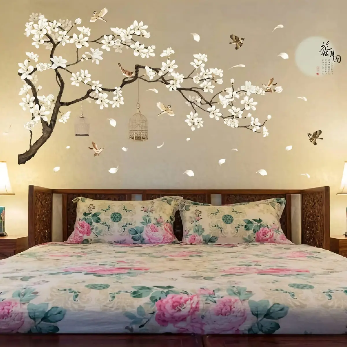 BWCXXZH Large White Flower Wall Stickers 50"x74" | Removable DIY Cherry Blossom Tree Wall Murals for Home Decor - view 4