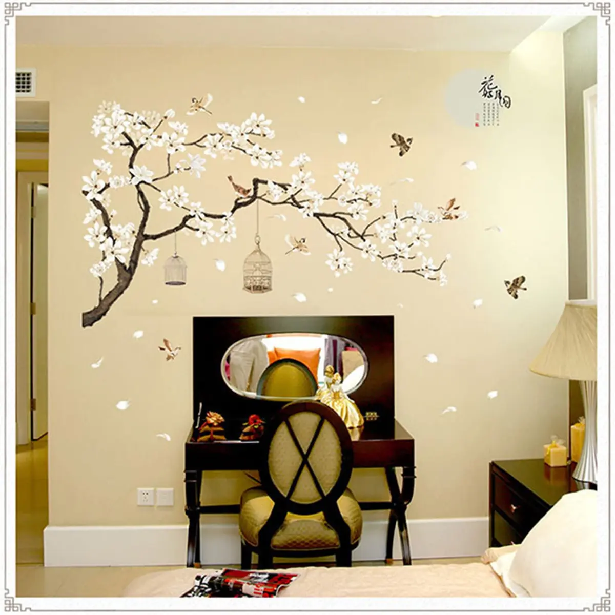 BWCXXZH Large White Flower Wall Stickers 50"x74" | Removable DIY Cherry Blossom Tree Wall Murals for Home Decor - view 5