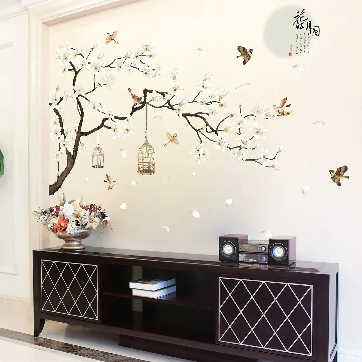 BWCXXZH Large White Flower Wall Stickers 50"x74" | Removable DIY Cherry Blossom Tree Wall Murals for Home Decor - view 6