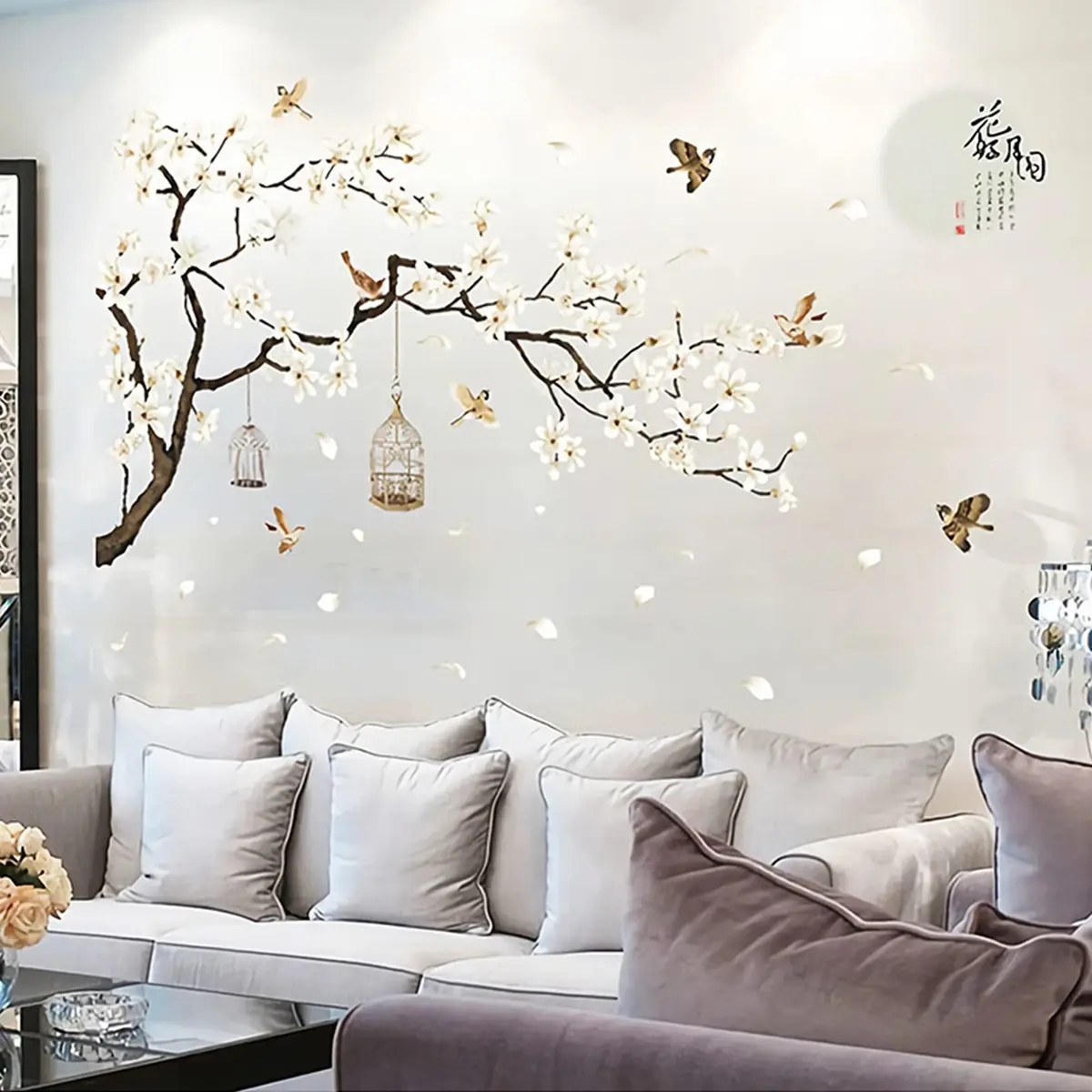BWCXXZH Large White Flower Wall Stickers 50"x74" | Removable DIY Cherry Blossom Tree Wall Murals for Home Decor - view 7