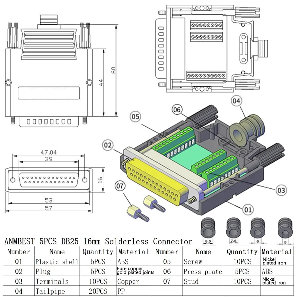 ANMBEST DB25 Solderless Terminal Adapter Female 5PCS | 3.81mm Pin Pitch, 16mm Thin Module - view 6