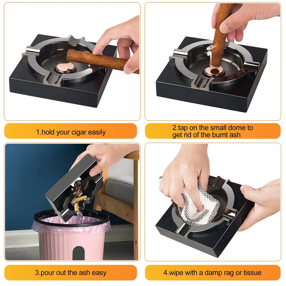 OILP Cigar Ashtray with Solid Wood Base & Metal Tray | Modern Black Design for Home/Office - view 5