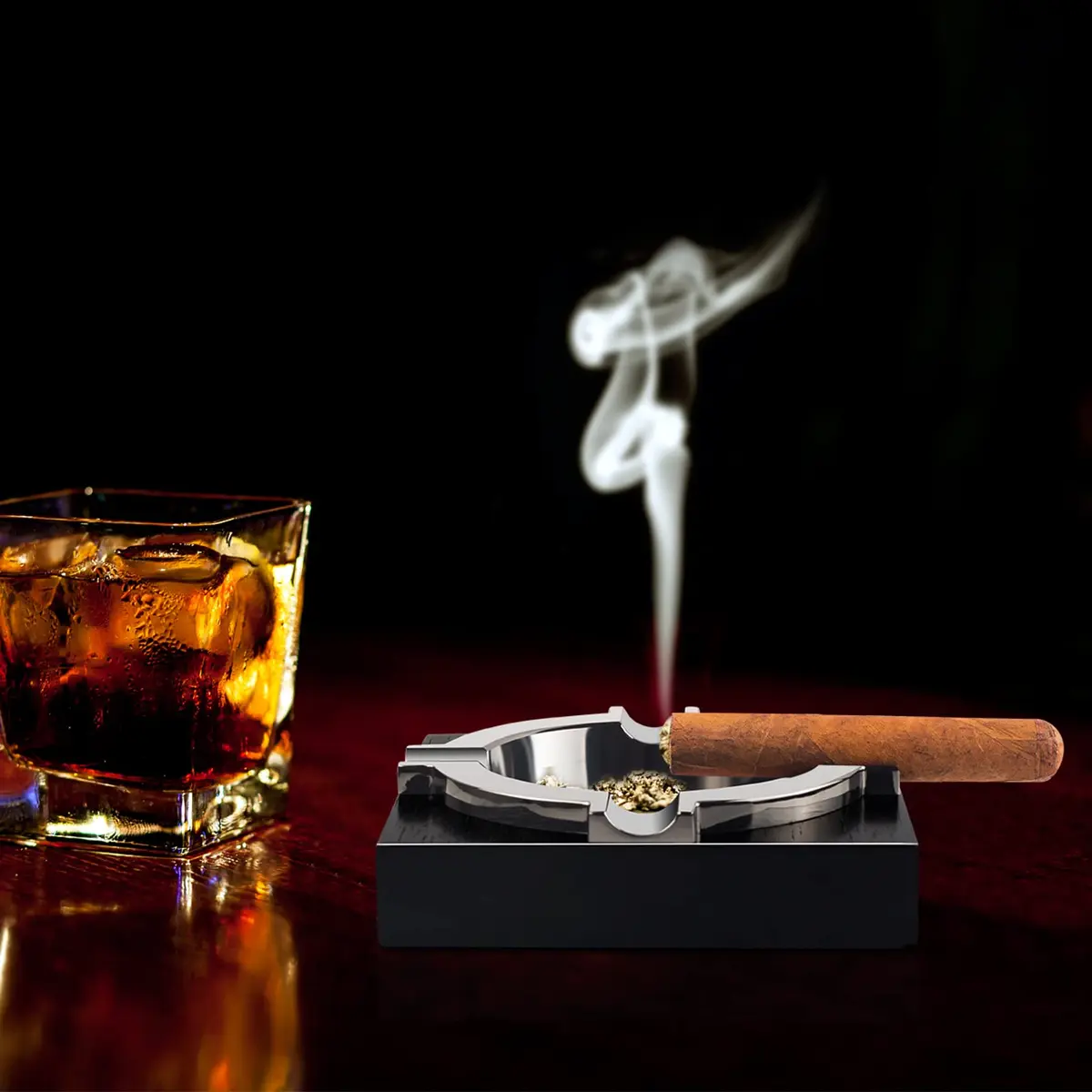 OILP Cigar Ashtray with Solid Wood Base & Metal Tray | Modern Black Design for Home/Office - view 2