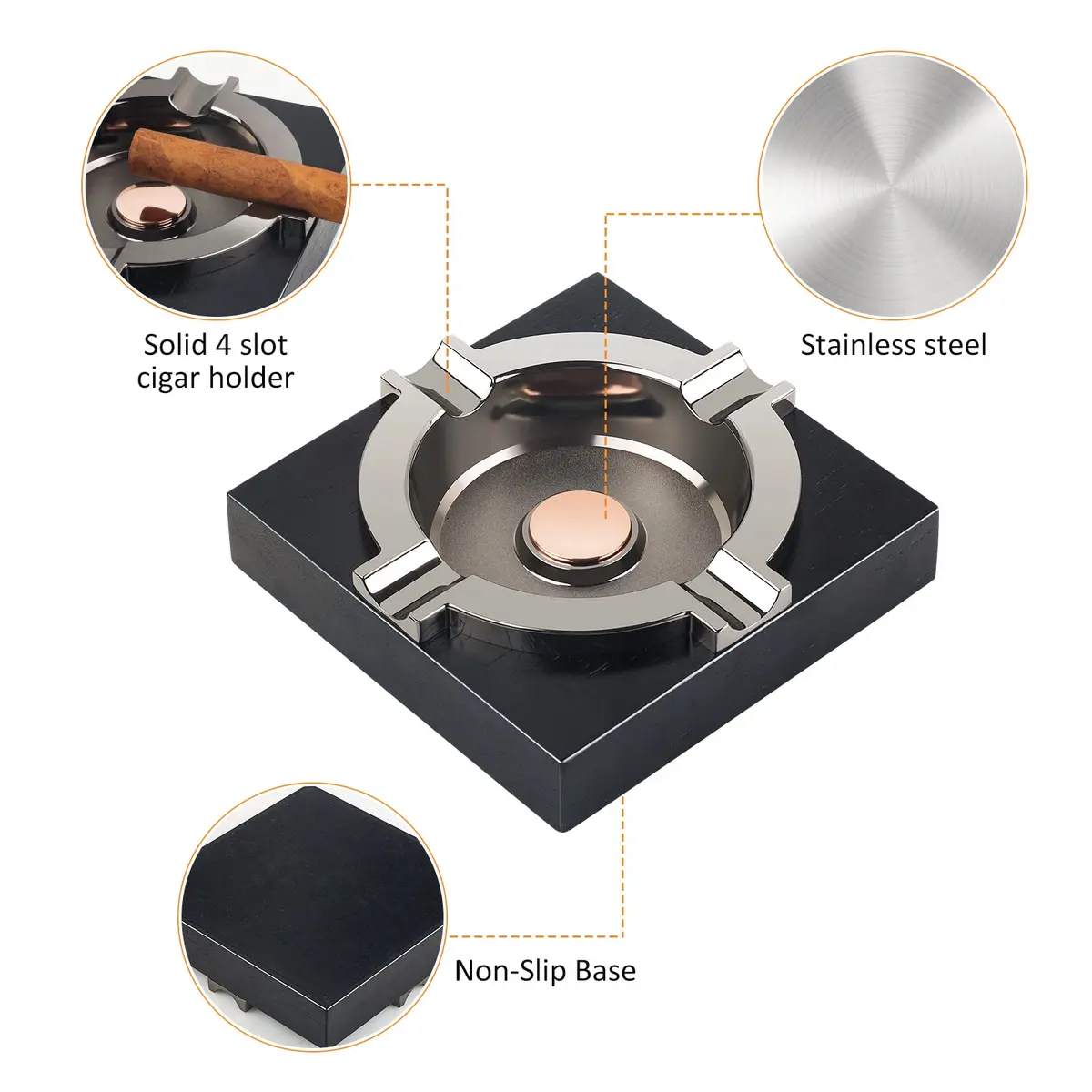 OILP Cigar Ashtray with Solid Wood Base & Metal Tray | Modern Black Design for Home/Office - view 3