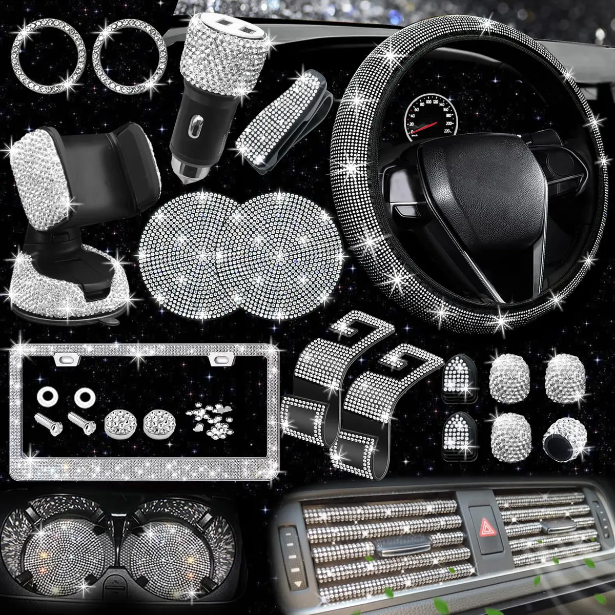 NBTEPEM 27 pcs Bling Car Accessories Set for Women, Silver Diamond | Universal Fit, Luxury Rhinestones, Easy Install - main product image