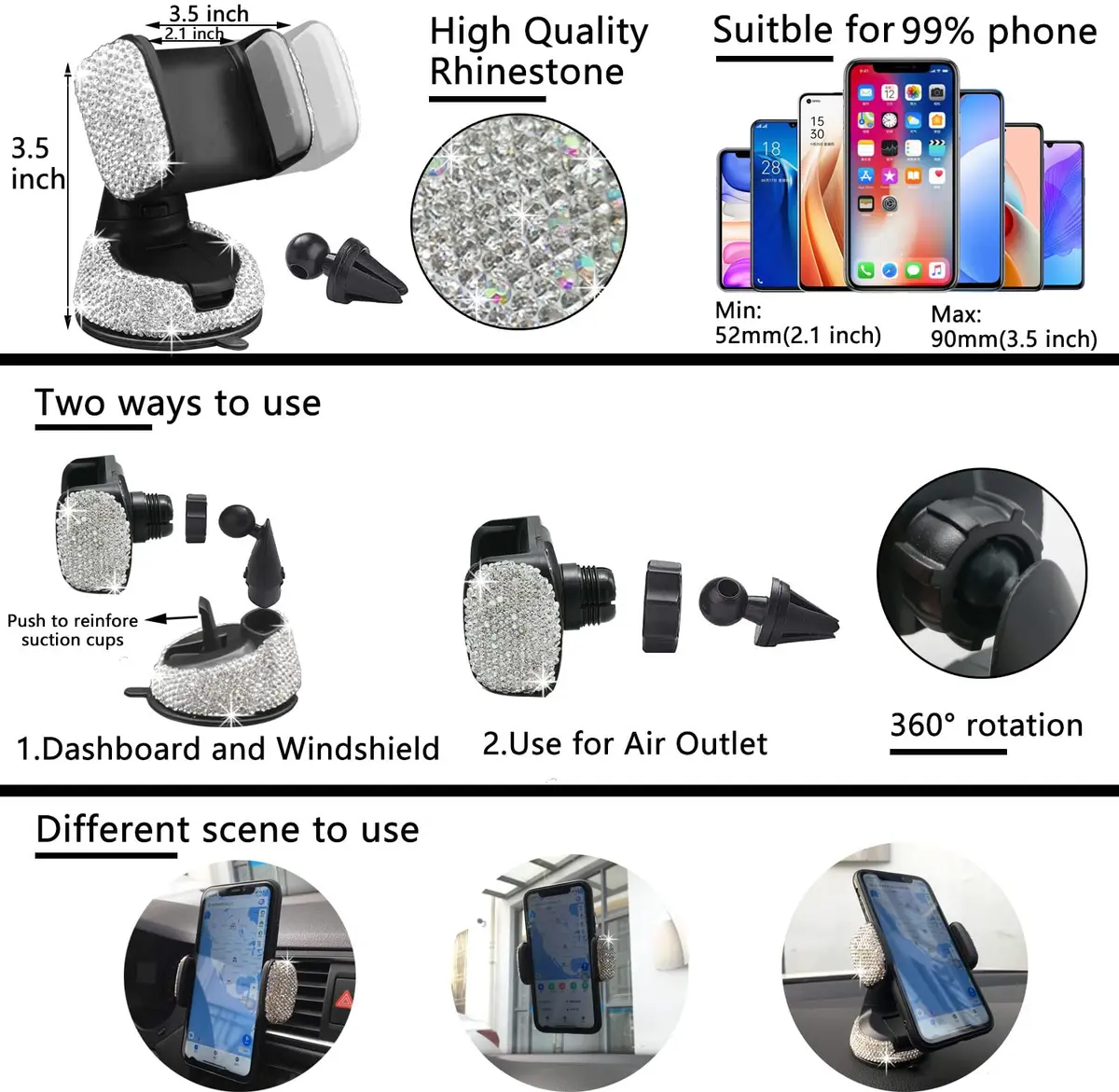 NBTEPEM 27 pcs Bling Car Accessories Set for Women, Silver Diamond | Universal Fit, Luxury Rhinestones, Easy Install - view 5