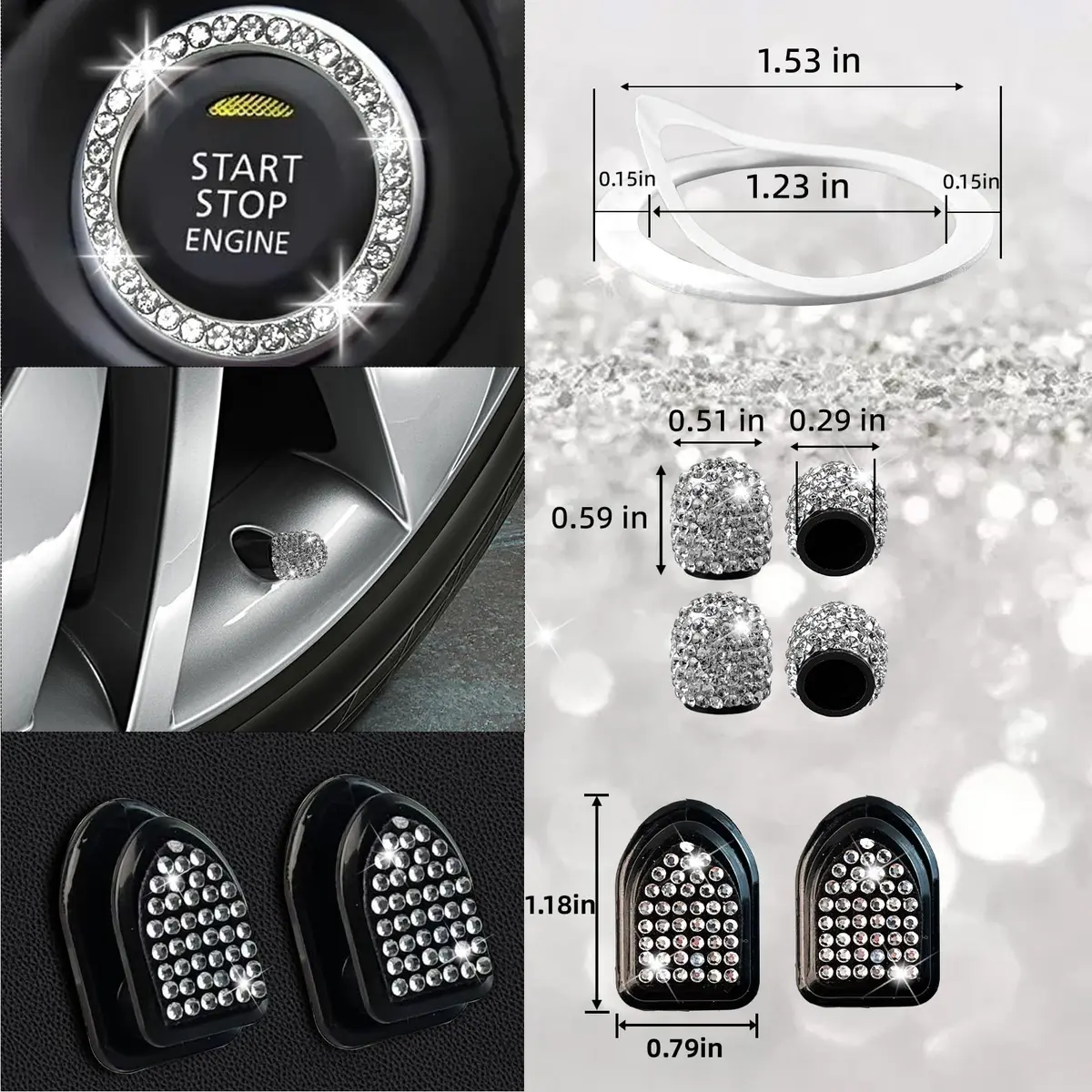 NBTEPEM 27 pcs Bling Car Accessories Set for Women, Silver Diamond | Universal Fit, Luxury Rhinestones, Easy Install - view 8