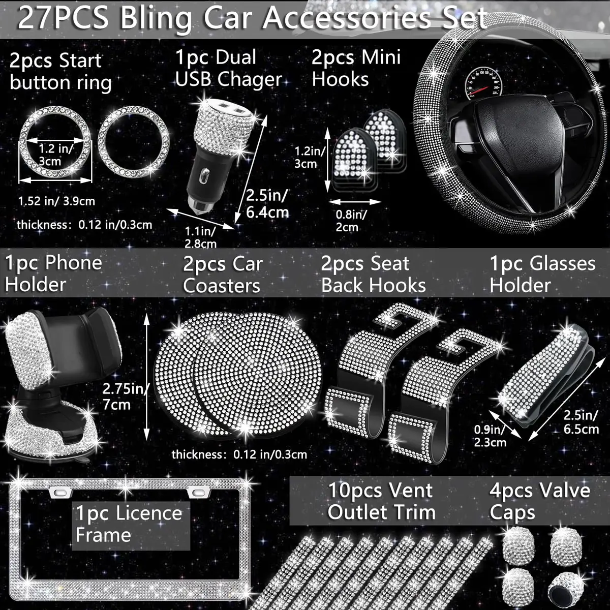 NBTEPEM 27 pcs Bling Car Accessories Set for Women, Silver Diamond | Universal Fit, Luxury Rhinestones, Easy Install - view 2