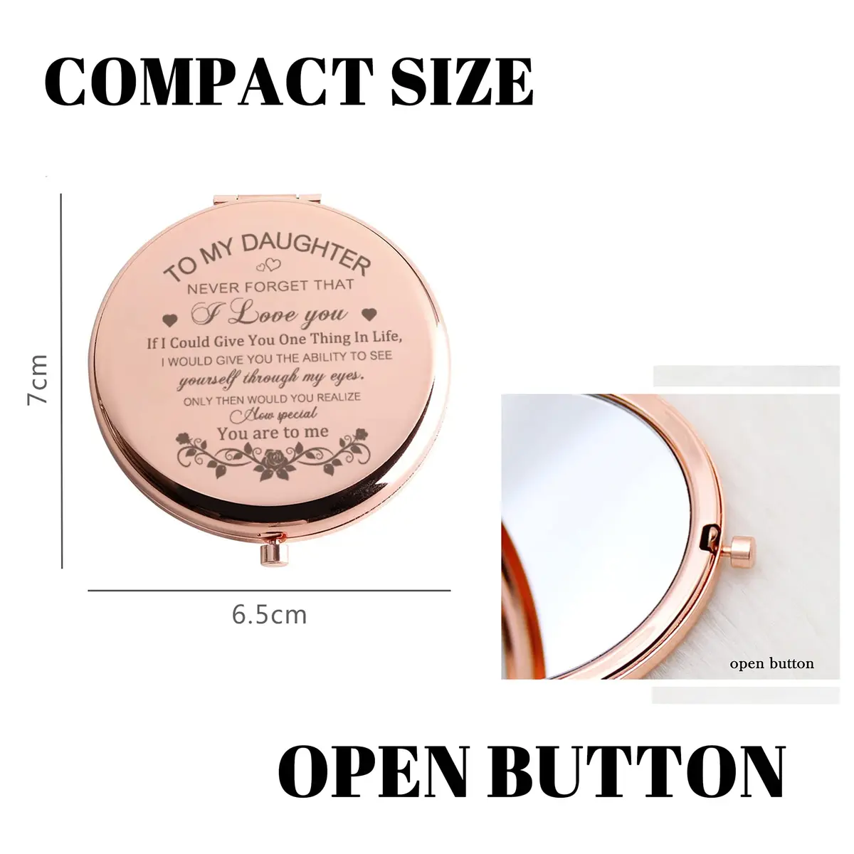 GAOLZIUY Rose Gold Daughter Compact Mirror | 7.49cm (2.95in) Diameter - view 5