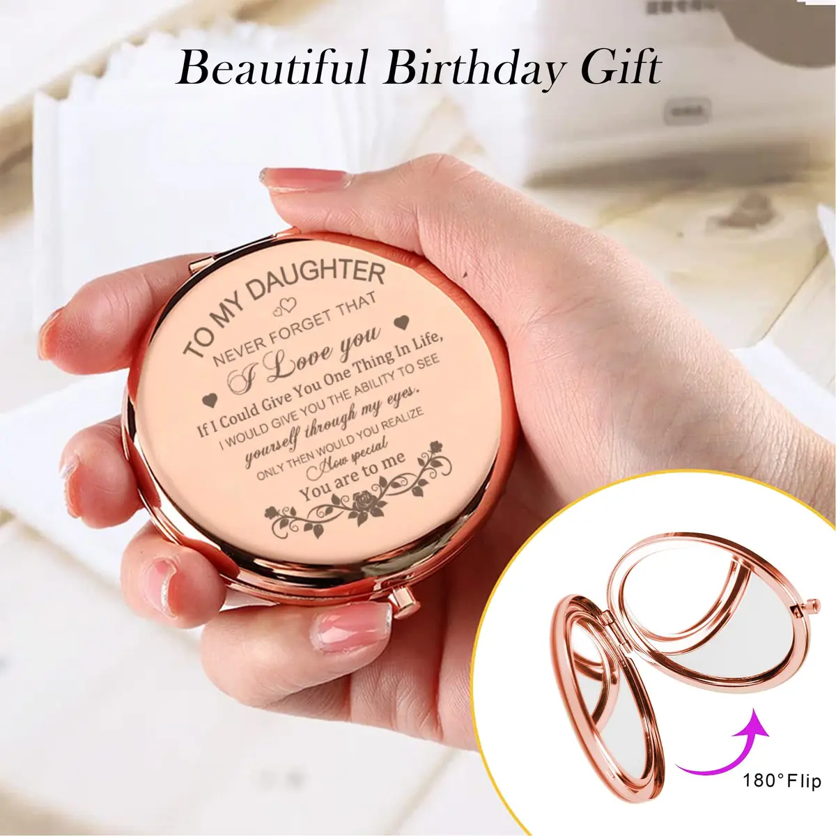 GAOLZIUY Rose Gold Daughter Compact Mirror | 7.49cm (2.95in) Diameter - view 7