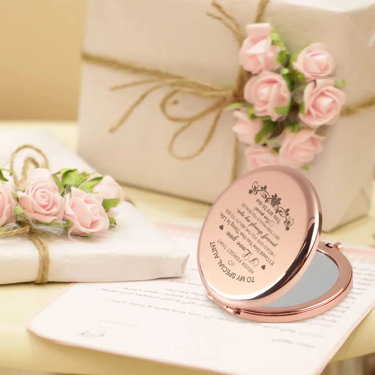 GAOLZIUY Rose Gold Compact Mirror with 2x Magnification | 7 cm (2.7"L x 2.3"W) Handheld Makeup Mirror - view 6
