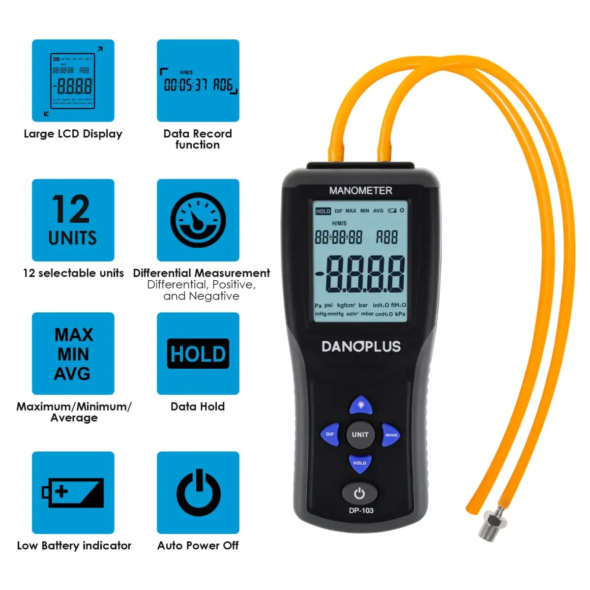 DANOPLUS Digital Manometer Gas Pressure Tester ±2.000psi | Accurate HVAC Air Pressure Meter with Data Record - view 2