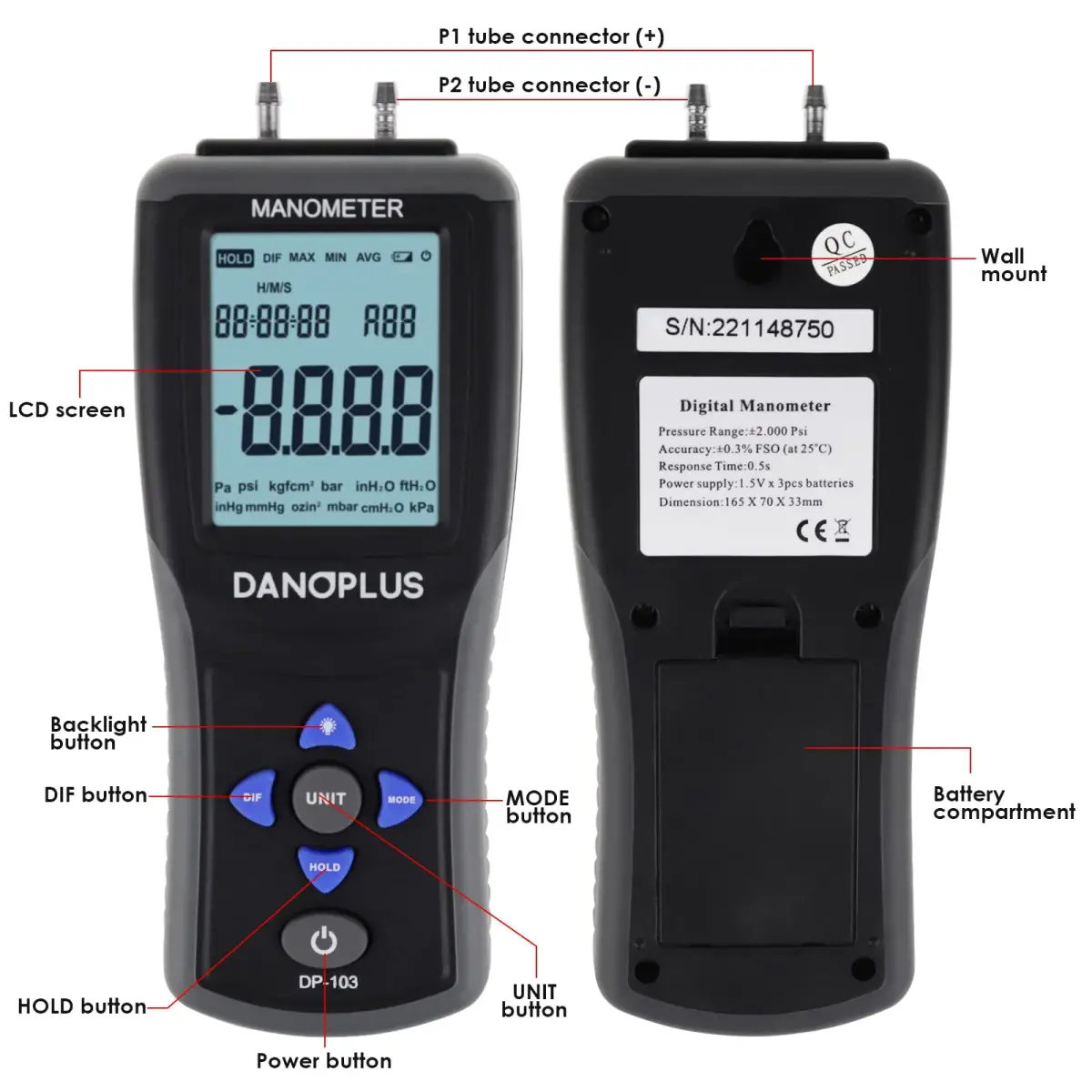 DANOPLUS Digital Manometer Gas Pressure Tester ±2.000psi | Accurate HVAC Air Pressure Meter with Data Record - view 4