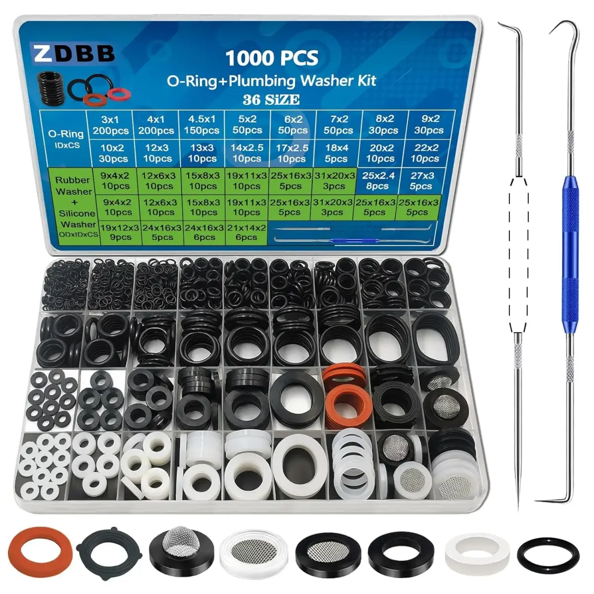 ZDBB 1000 Pcs O Ring & Washer Kit | Assorted Sizes for Plumbing & Appliances - main product image