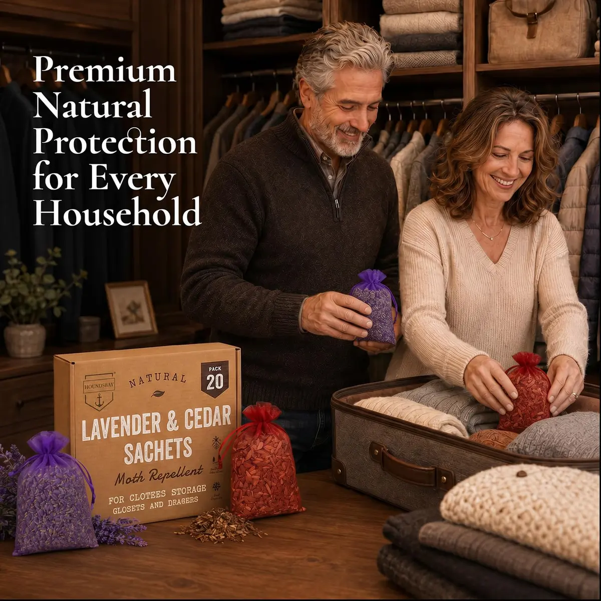 HOUNDSBAY Cedar and Lavender Sachets for Drawers and Closets 20 Packs | Natural Moth & Pest Repellent with Fresh Scent (120 characters) - view 7