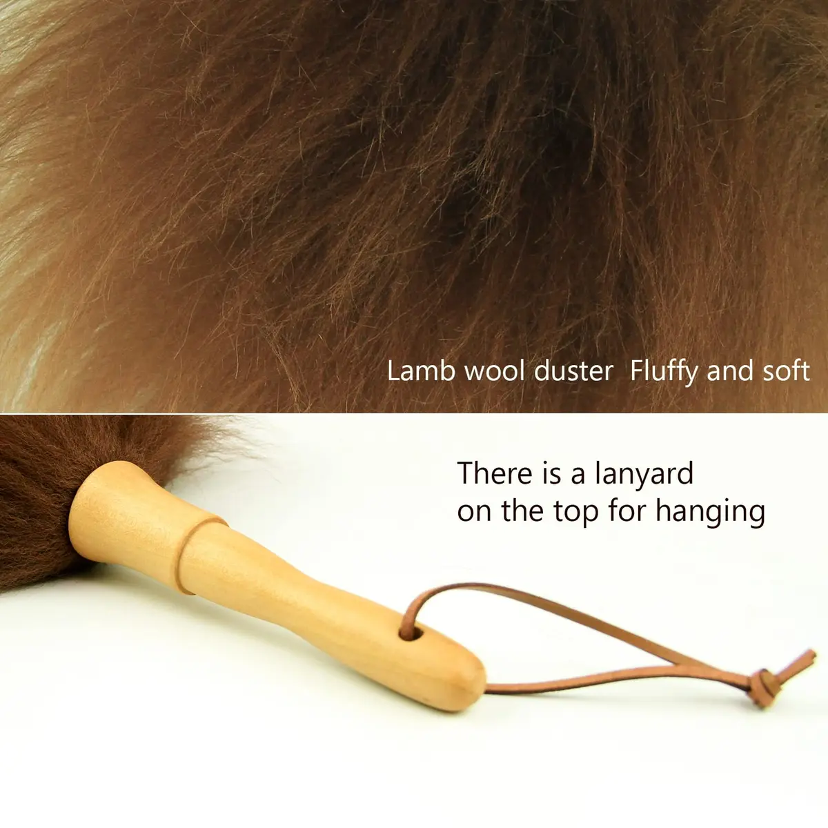 iHUFeather Lambswool Duster 14'' Length Solid Wooden Handle Leather Hang Strap for Cleaning Ceiling Fans Window Blinds Computer Furniture Figurines TV | Soft Lamb Wool Dusting Tool - view 3