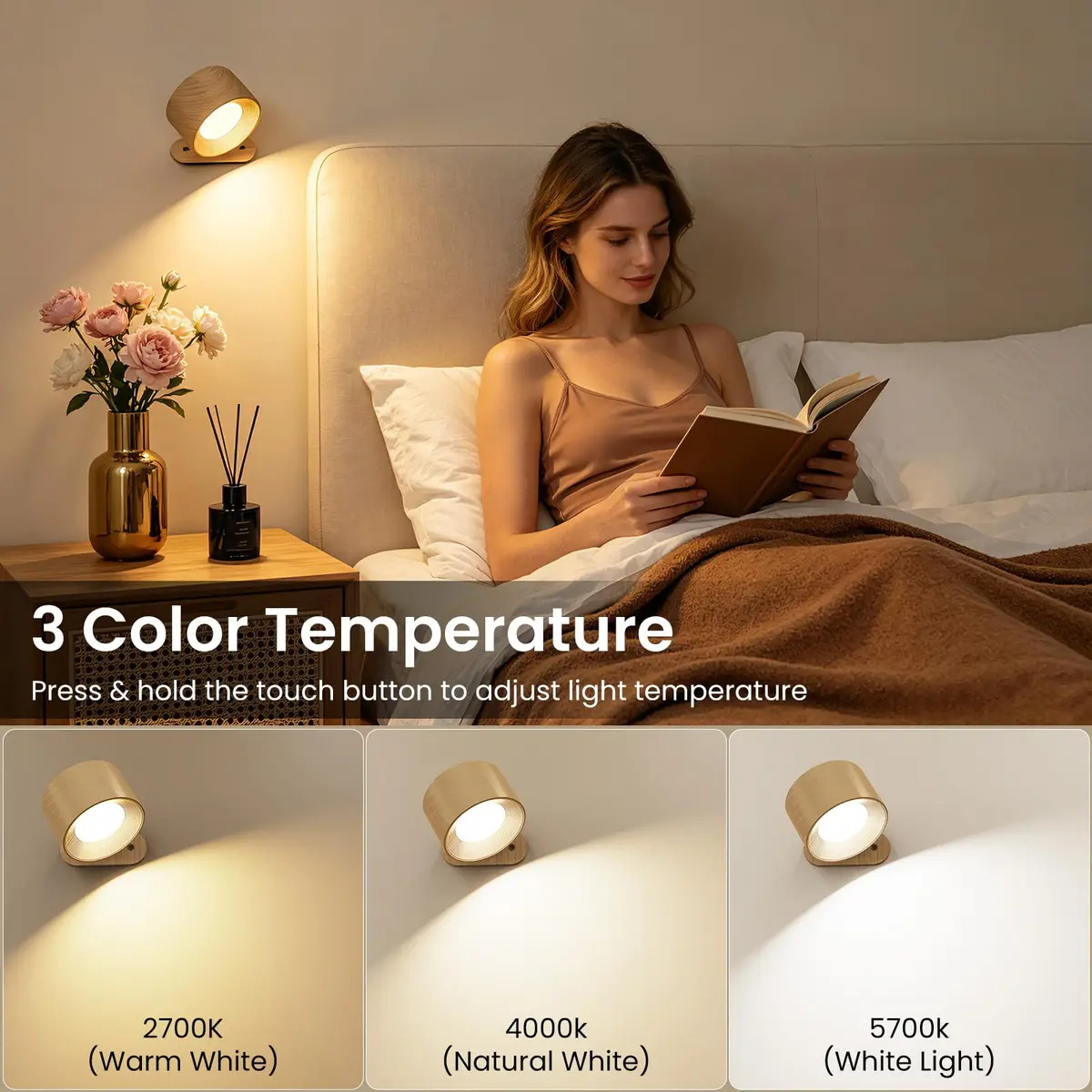 Koopala LED Sconces Wall Mounted Lamps with Rechargeable Battery, 3 Color Temps & Brightness, 360° Rotation, Cordless Bedside Light - view 2