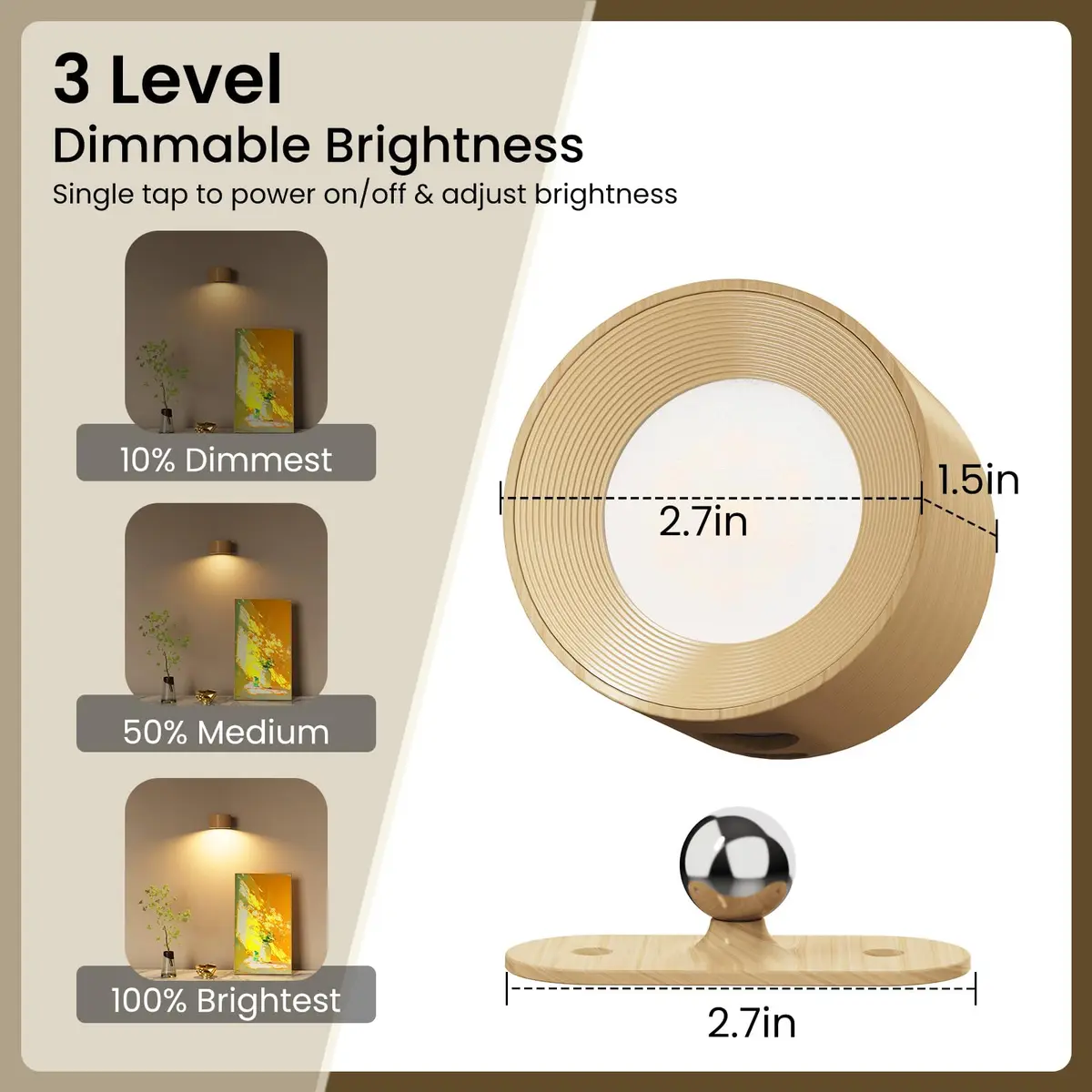 Koopala LED Sconces Wall Mounted Lamps with Rechargeable Battery, 3 Color Temps & Brightness, 360° Rotation, Cordless Bedside Light - view 3