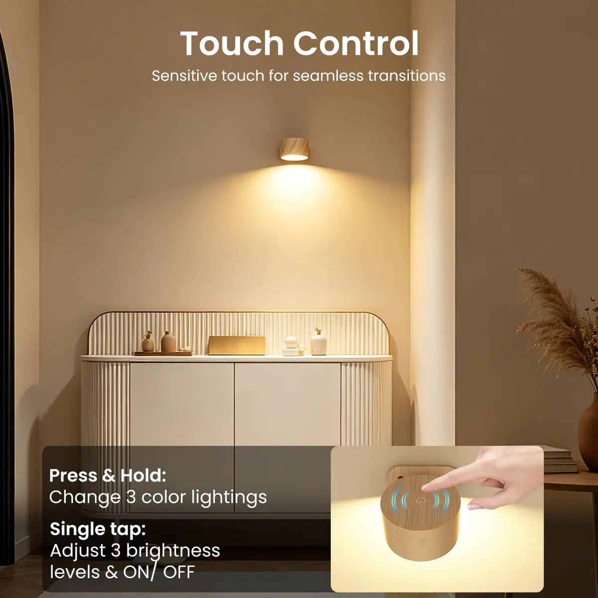 Koopala LED Sconces Wall Mounted Lamps with Rechargeable Battery, 3 Color Temps & Brightness, 360° Rotation, Cordless Bedside Light - view 4