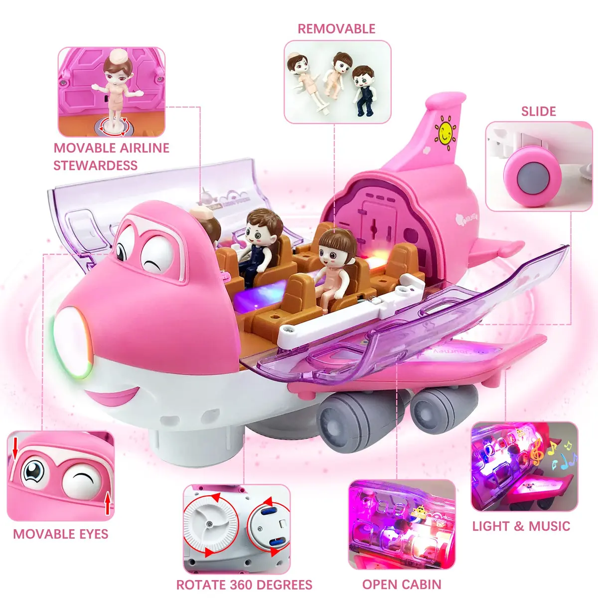 Ynybusi Airplane Toys for Toddlers 10 inches Pink | Realistic Lights & Sounds for Kids 3+ - view 4