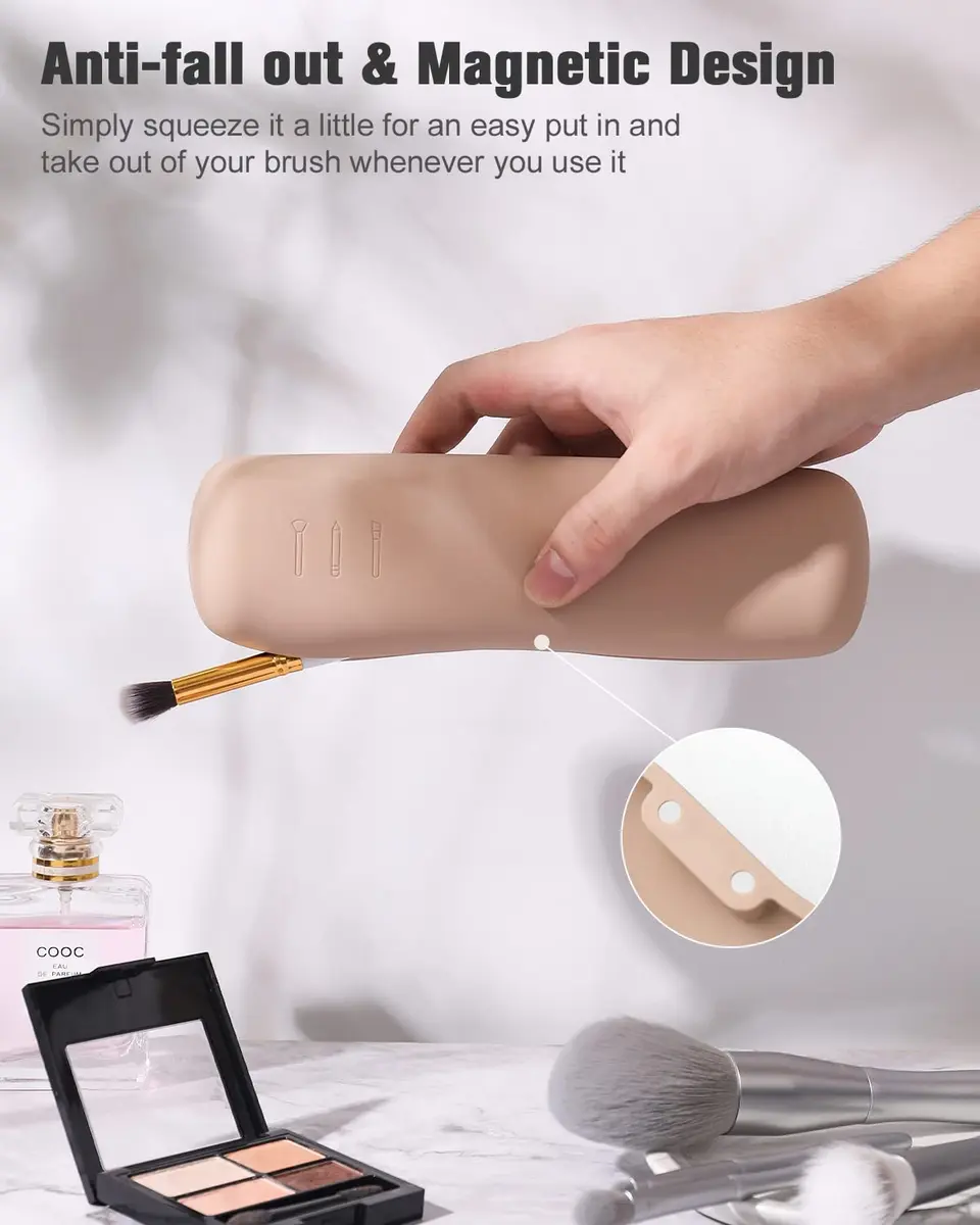 FERYES Travel Makeup Brush Holder, Magnetic Silicon Organizer, Khaki | Portable & Anti-fall (7.8" x 1.89" x 0.8") - view 5