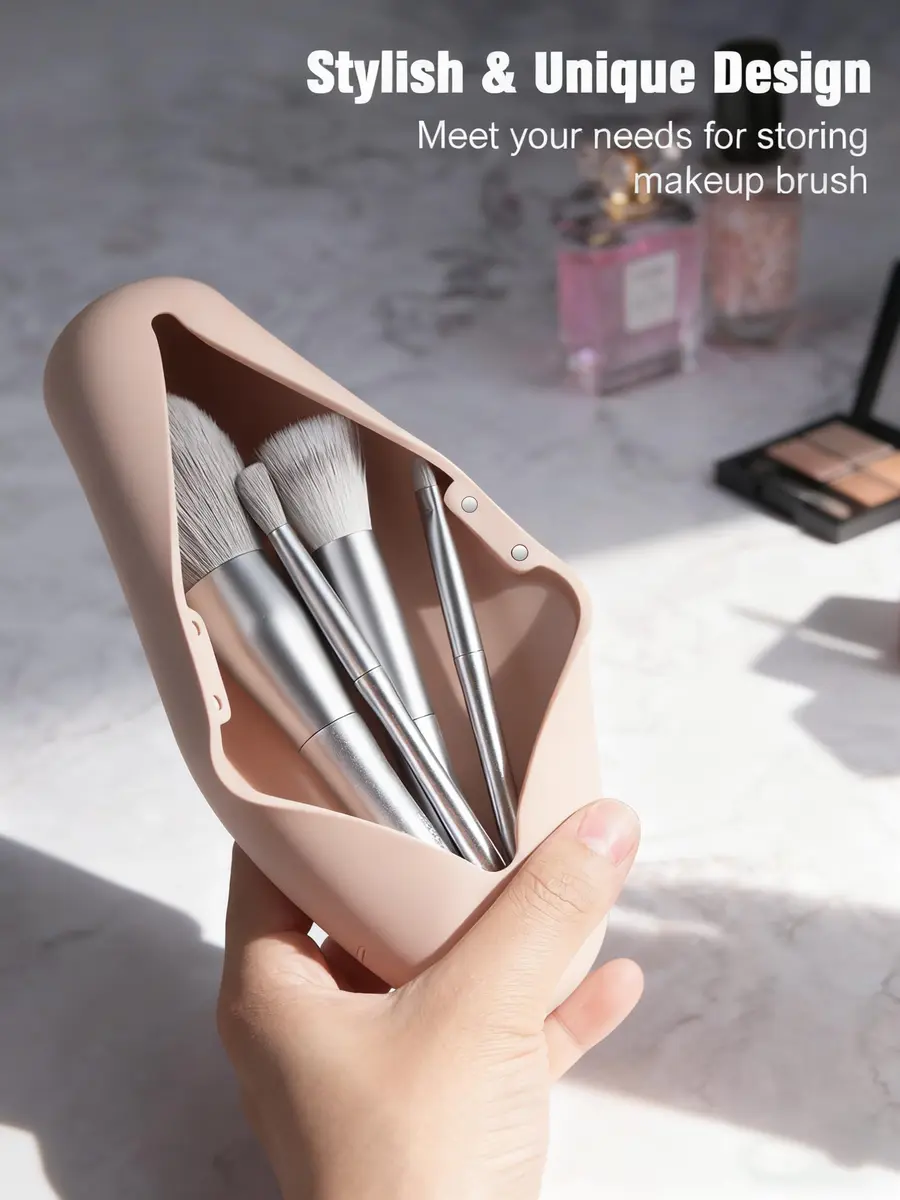 FERYES Travel Makeup Brush Holder, Magnetic Silicon Organizer, Khaki | Portable & Anti-fall (7.8" x 1.89" x 0.8") - view 3