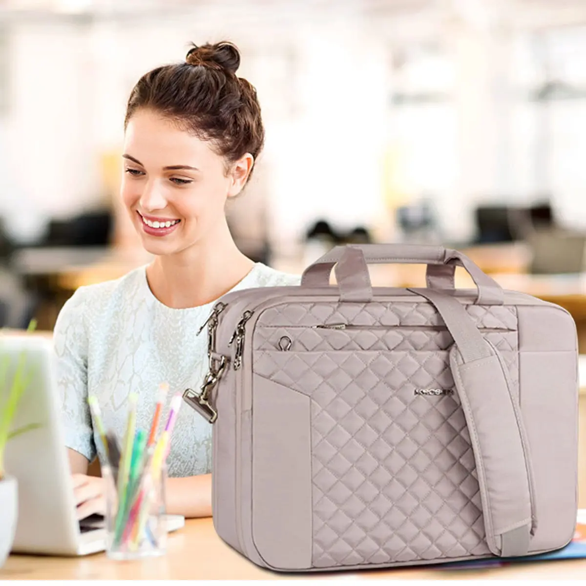 KROSER 17.3 Inch Laptop Briefcase Bag - Expandable Waterproof Messenger Shoulder Bag for Women | Grey Pink - view 2