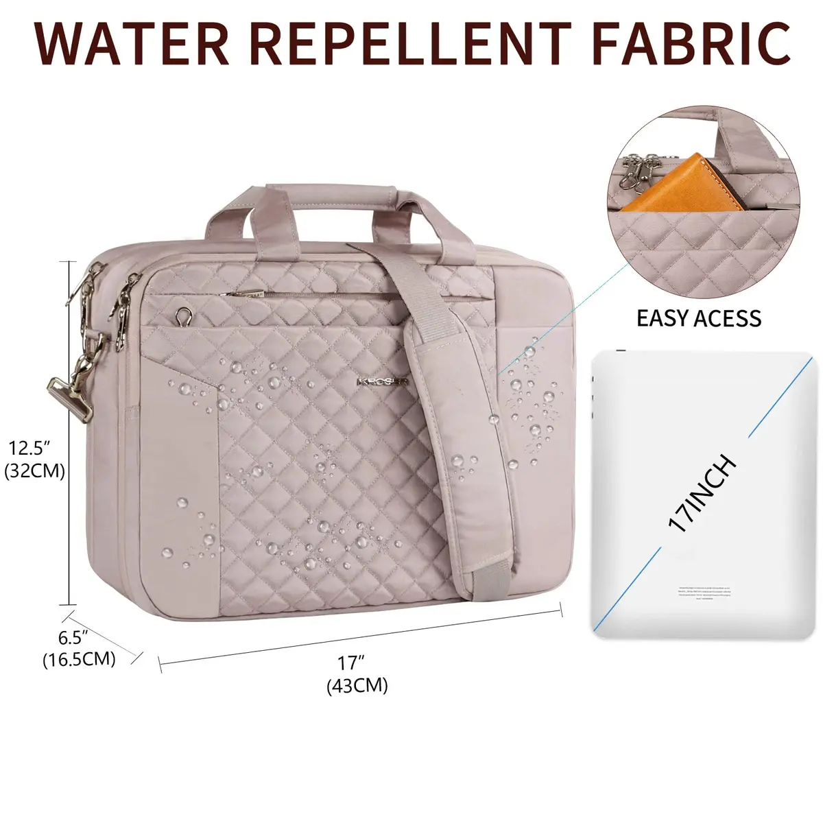 KROSER 17.3 Inch Laptop Briefcase Bag - Expandable Waterproof Messenger Shoulder Bag for Women | Grey Pink - view 3