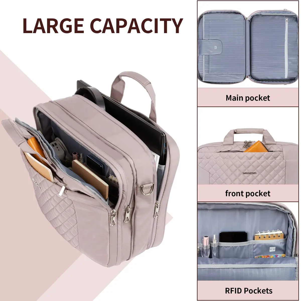 KROSER 17.3 Inch Laptop Briefcase Bag - Expandable Waterproof Messenger Shoulder Bag for Women | Grey Pink - view 4