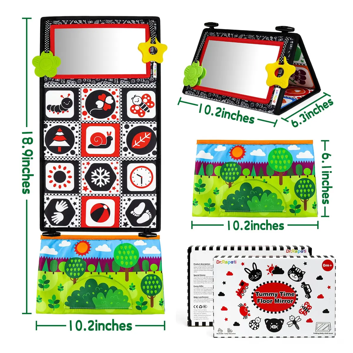 Dr.Rapeti Tummy Time Floor Mirror with Soft Book - High Contrast Baby Toy 21cm x 16.5cm - view 2