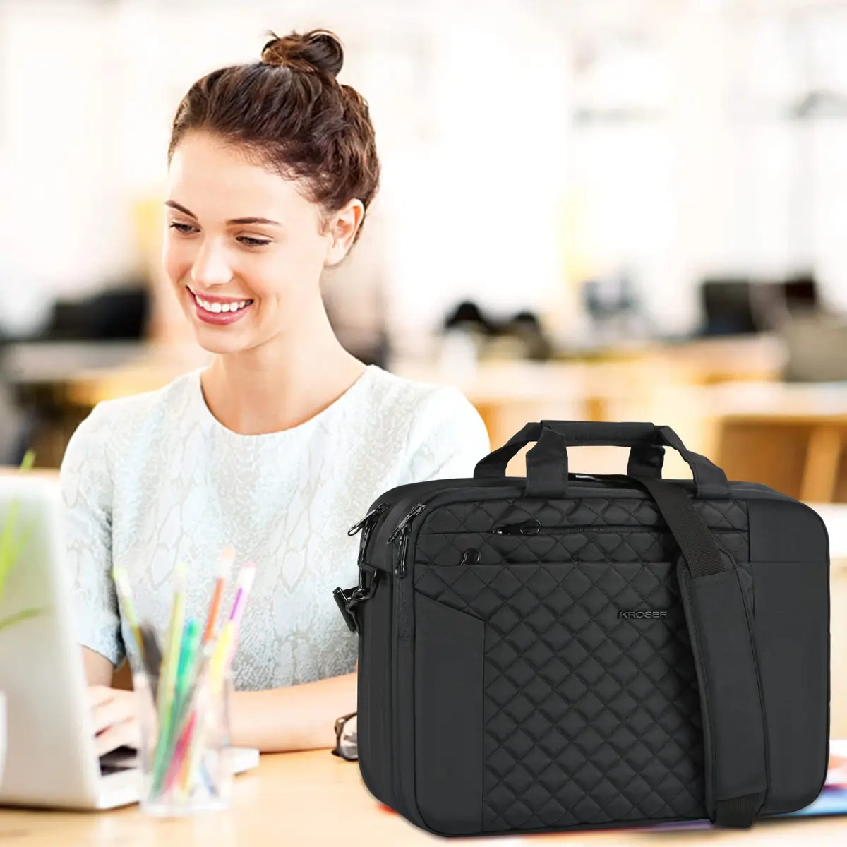 KROSER 17 Inch Expandable Laptop Bag Computer Briefcase with Luggage Strap & TSA Friendly Compartment | Water-Resistant Polyester - view 2