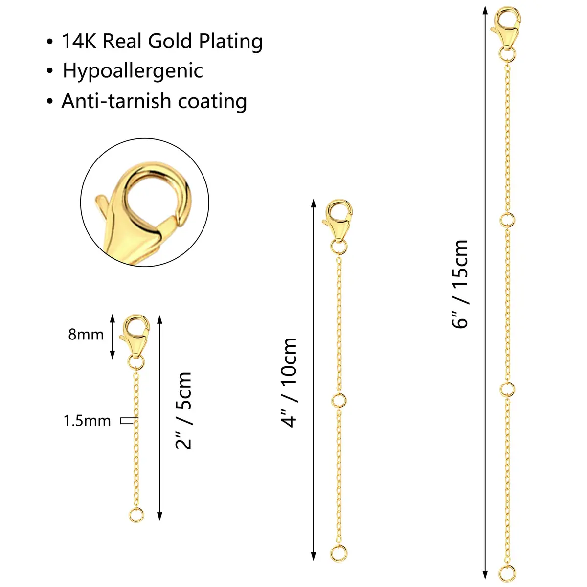 ASH'S CHOICE Gold Necklace Extenders with Lobster Clasp, 3PCS 14K Gold Plated Brass Chains (2, 4, 6 Inches) | Jewelry Findings for Bracelets & Anklets - view 5