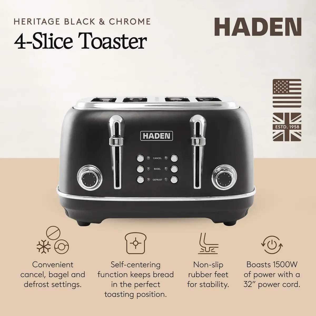 Haden Heritage 4 Slice Wide Slot Stainless Steel Toaster, Black & Chrome | Adjustable Browning & Modern Design - view 2