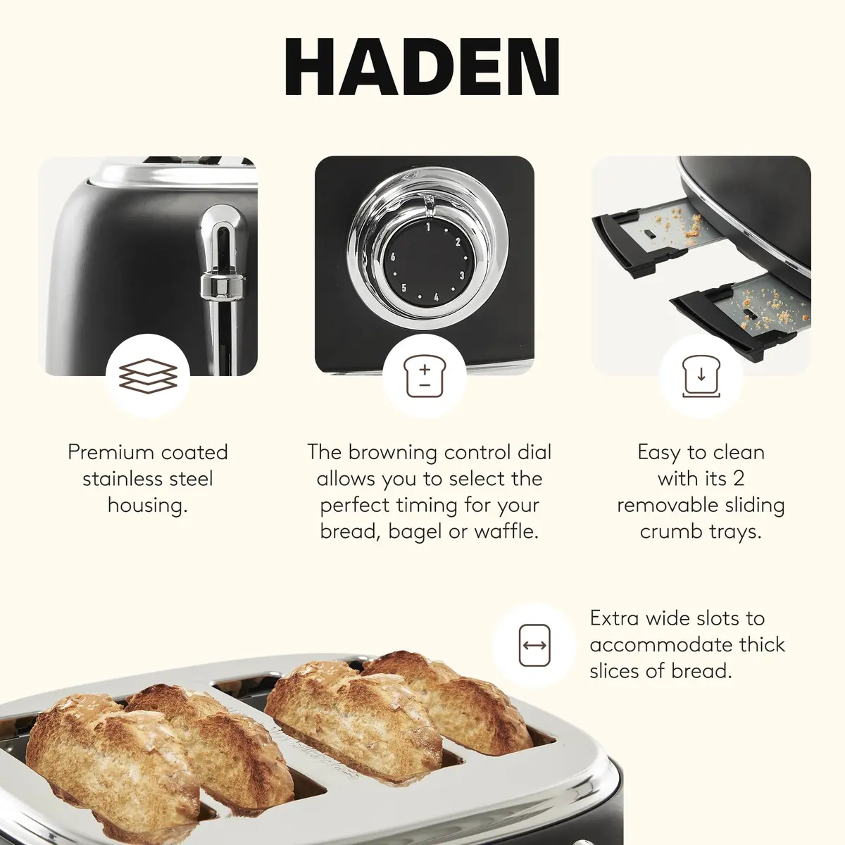 Haden Heritage 4 Slice Wide Slot Stainless Steel Toaster, Black & Chrome | Adjustable Browning & Modern Design - view 3
