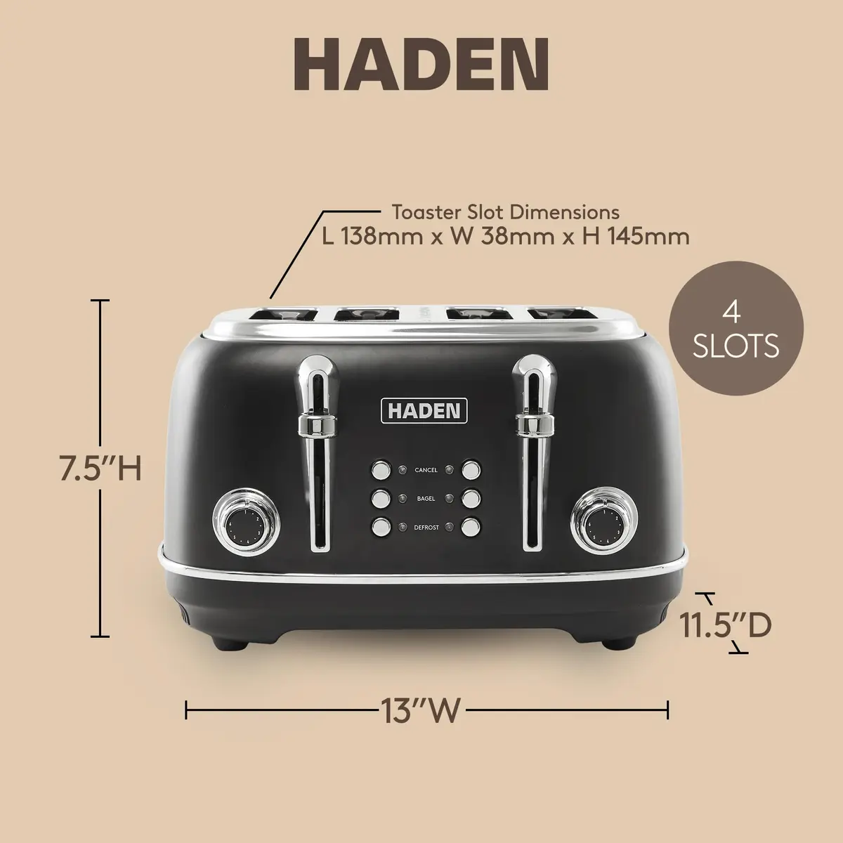 Haden Heritage 4 Slice Wide Slot Stainless Steel Toaster, Black & Chrome | Adjustable Browning & Modern Design - view 4