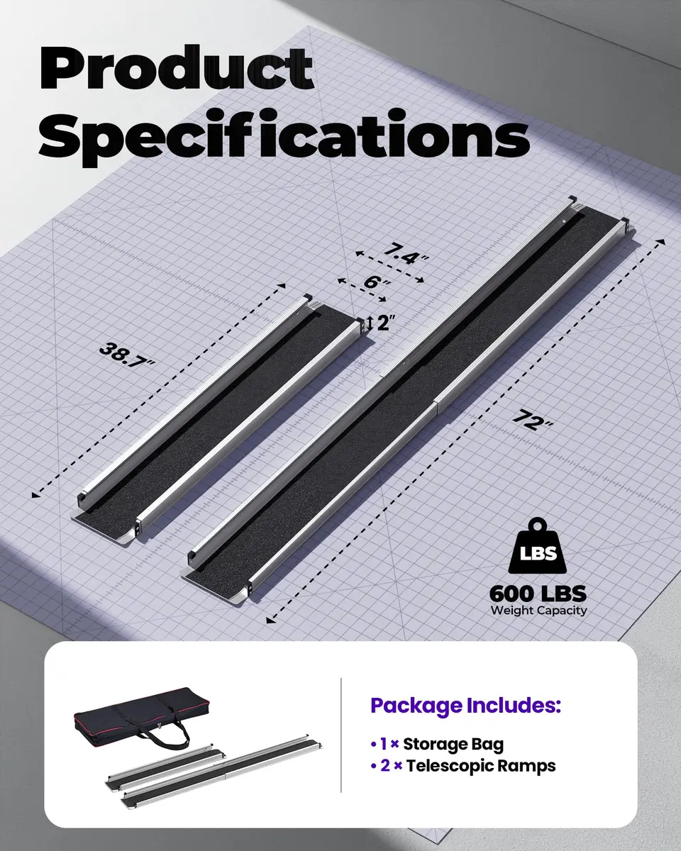 KOLOTOOL Telescoping Aluminum Wheelchair Ramp 1.8-3.6m (6-12ft) | 272kg (600lb) Capacity, Portable, Non-Slip, 2-Pack - view 2