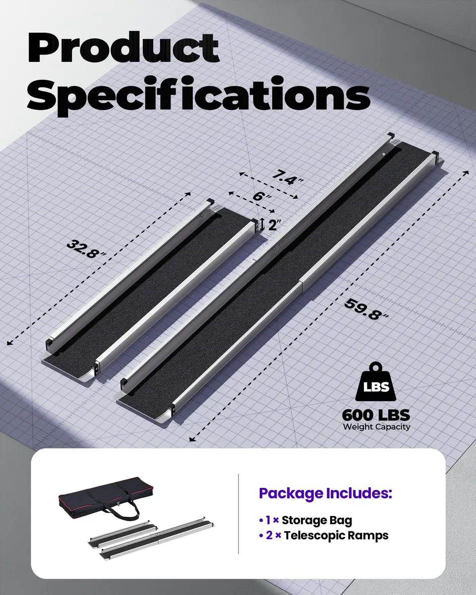 KOLOTOOL 5FT Telescoping Aluminum Portable Wheelchair Ramp with Bag, 600LBS Capacity (2-Pack, Black) | Lightweight & Foldable for Home & Travel - view 2