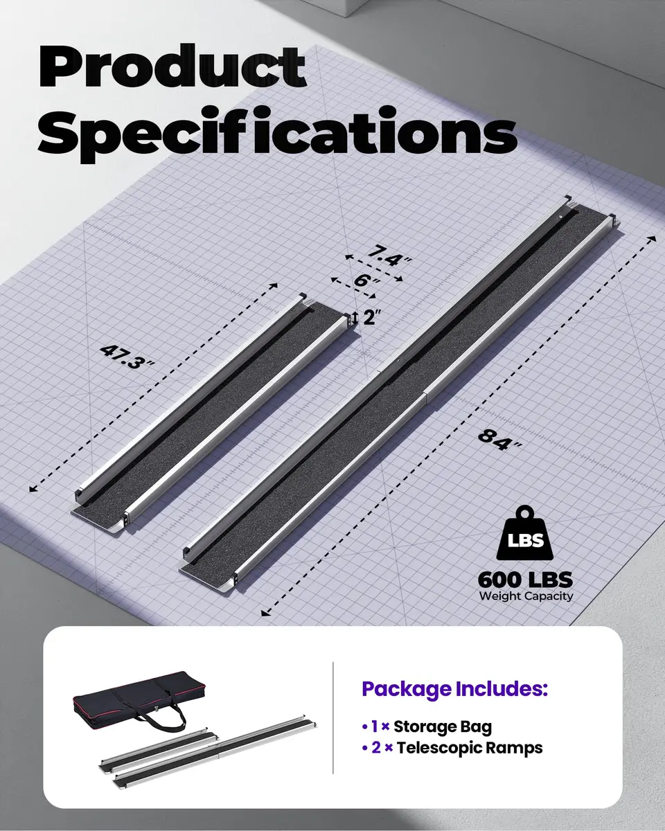 KOLOTOOL 7FT Telescoping Aluminum Portable Wheelchair Ramp with Bag, 600LBS Capacity, 2-Pack | 2.4m (7ft) to 4.2m (14ft) Adjustable Ramp for Home & Travel - view 3