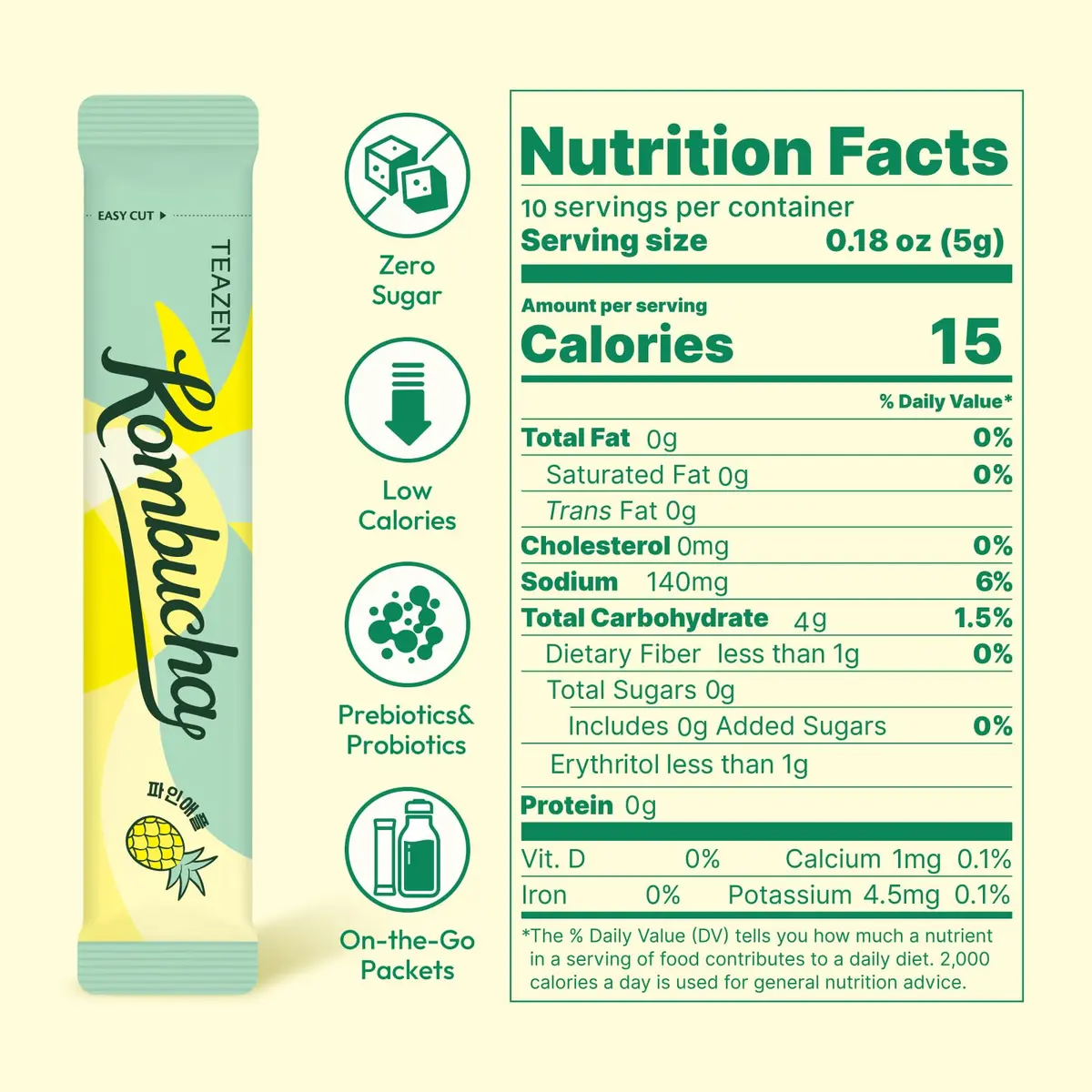 TEAZEN Pineapple Kombucha Powder | Hydration Drink Mix, Sugar Free, Live Probiotics & Prebiotics, 10 Packets, 1.76oz - view 4