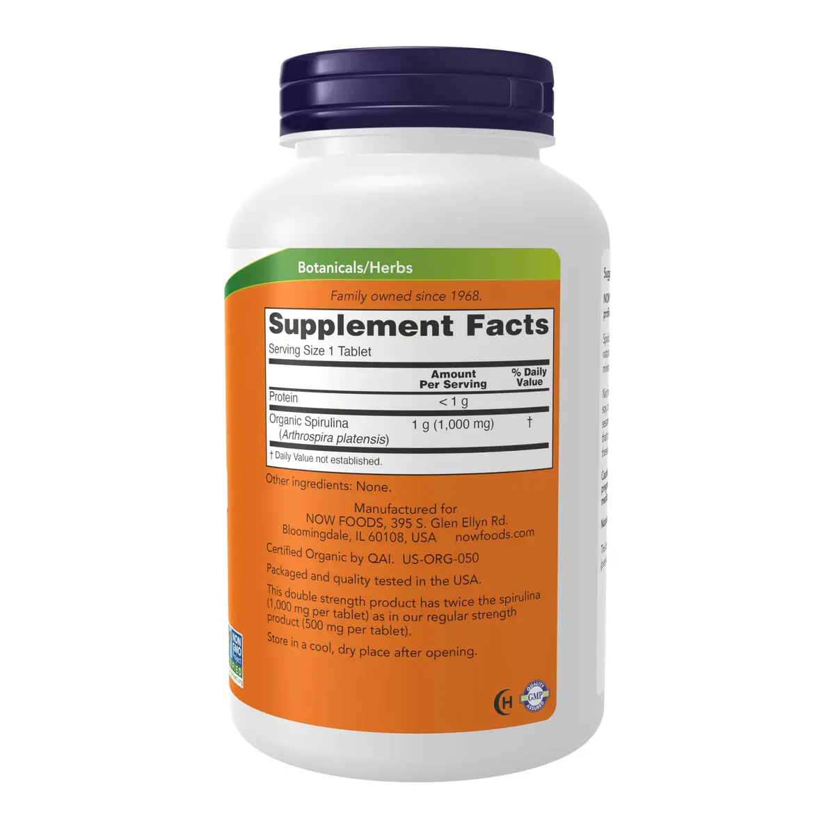 NOW Spirulina 1000 mg Double Strength | Organic, Vegan, 240 Tabs in Bottle - view 2