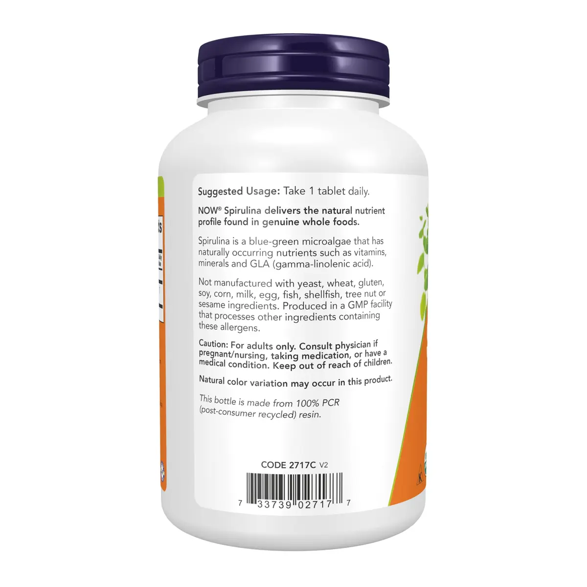 NOW Spirulina 1000 mg Double Strength | Organic, Vegan, 240 Tabs in Bottle - view 3