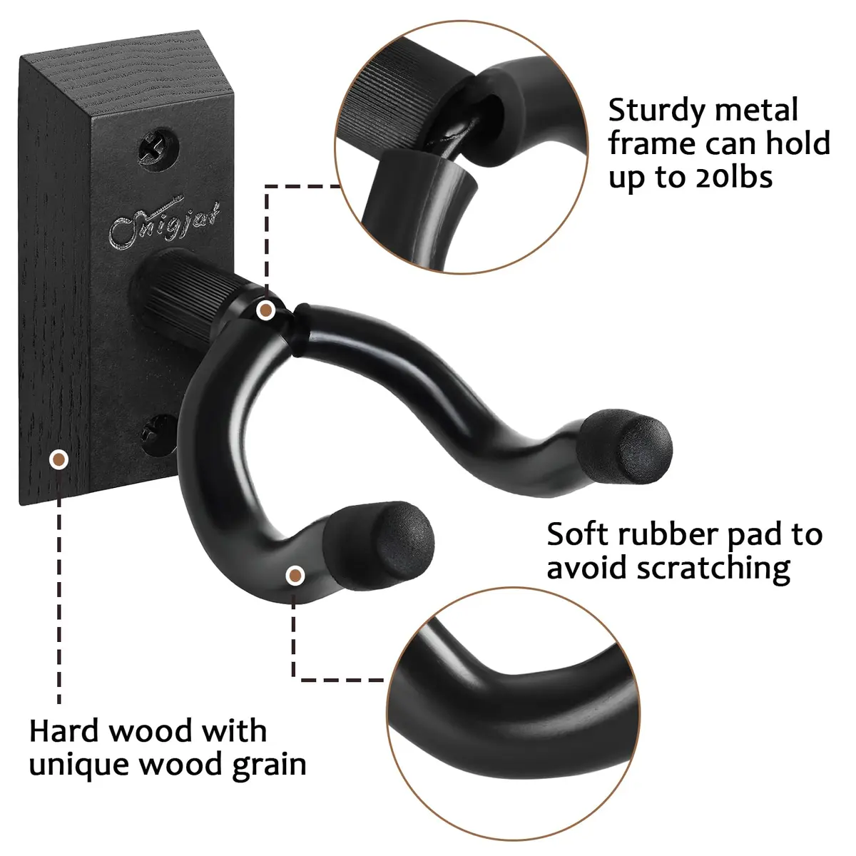 SNIGJAT Guitar Wall Mount 2 Pack, Matte Black Hardwood Guitar Hanger with Rotatable Yoke | Holds up to 20 lbs - view 5