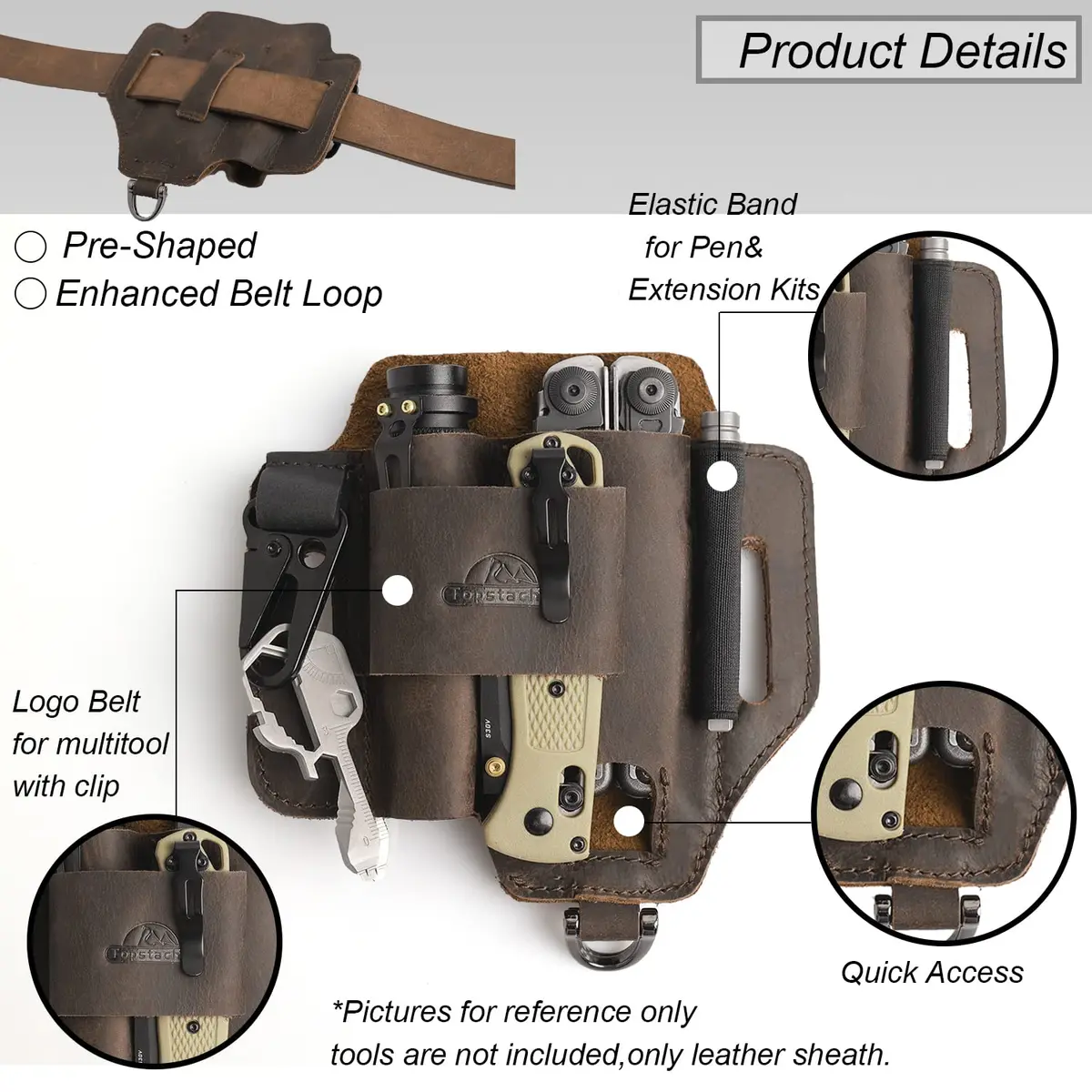 Topstache Leather Multitool Sheath with Belt Loop for Flashlight and Pen | Dark Brown (15.75cm x 14.73cm x 2.54cm) - view 4
