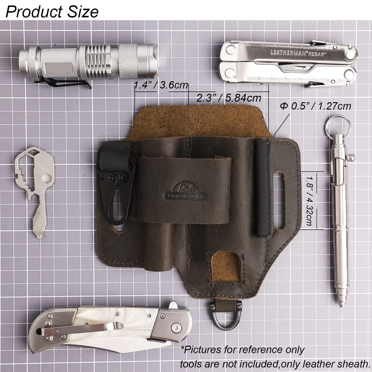 Topstache Leather Multitool Sheath with Belt Loop for Flashlight and Pen | Dark Brown (15.75cm x 14.73cm x 2.54cm) - view 5