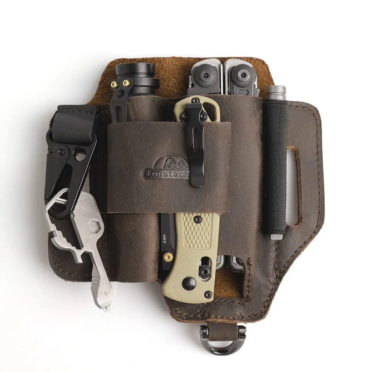Topstache Leather Multitool Sheath with Belt Loop for Flashlight and Pen | Dark Brown (15.75cm x 14.73cm x 2.54cm) - main product image