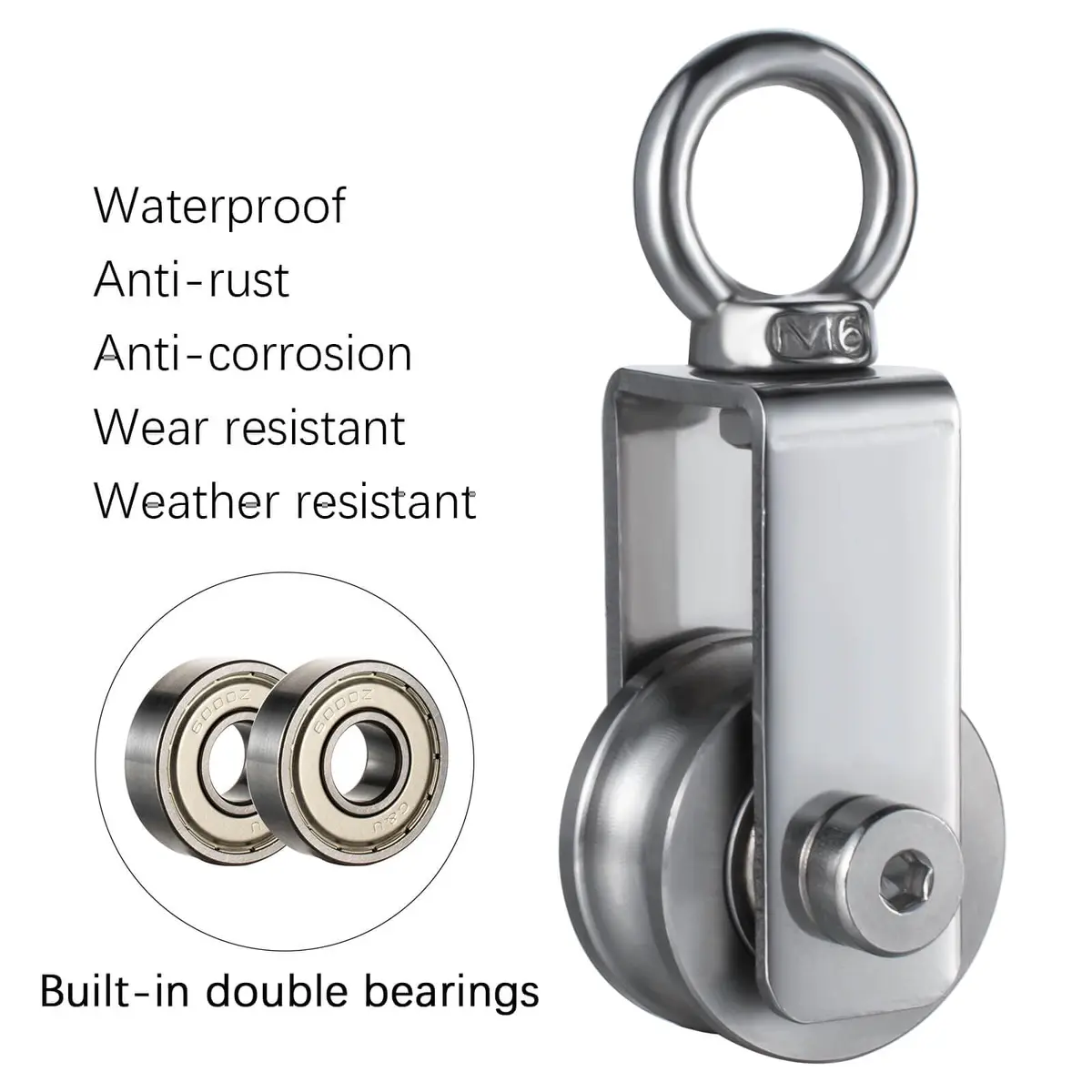 SHINICO Stainless Steel Snatch Block Pulley 250 kg (551 lb) | Silent Smooth Bearings for 8mm Rope - view 4