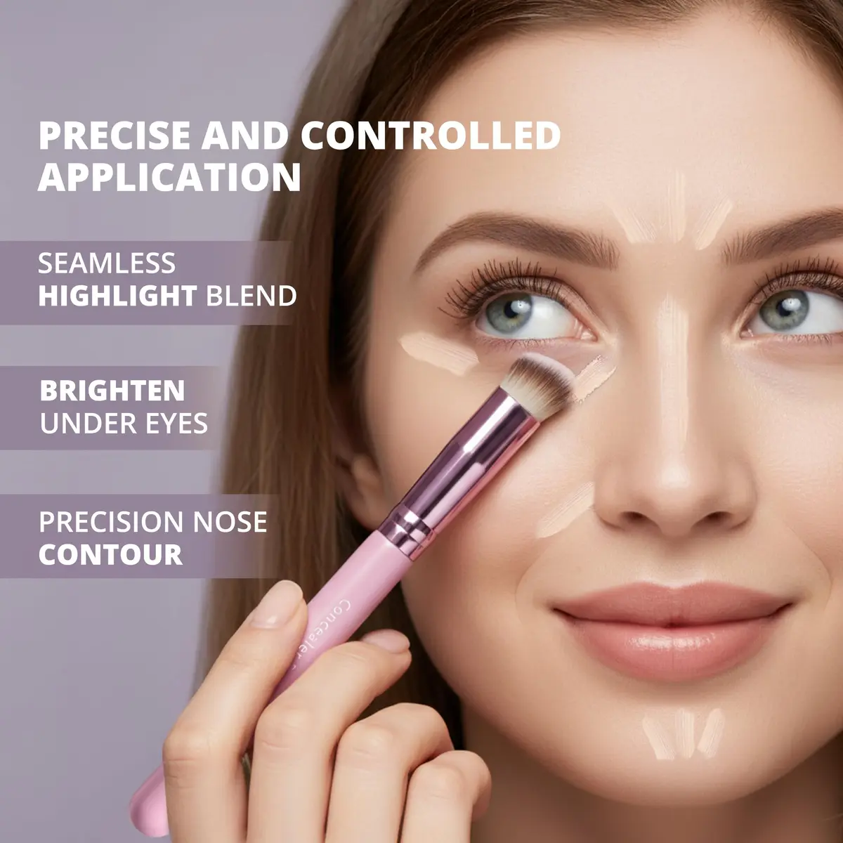 Lamora Small Angled Concealer Brush - Purple | Synthetic Bristles, Copper Ferrule, Wood Handle - view 2