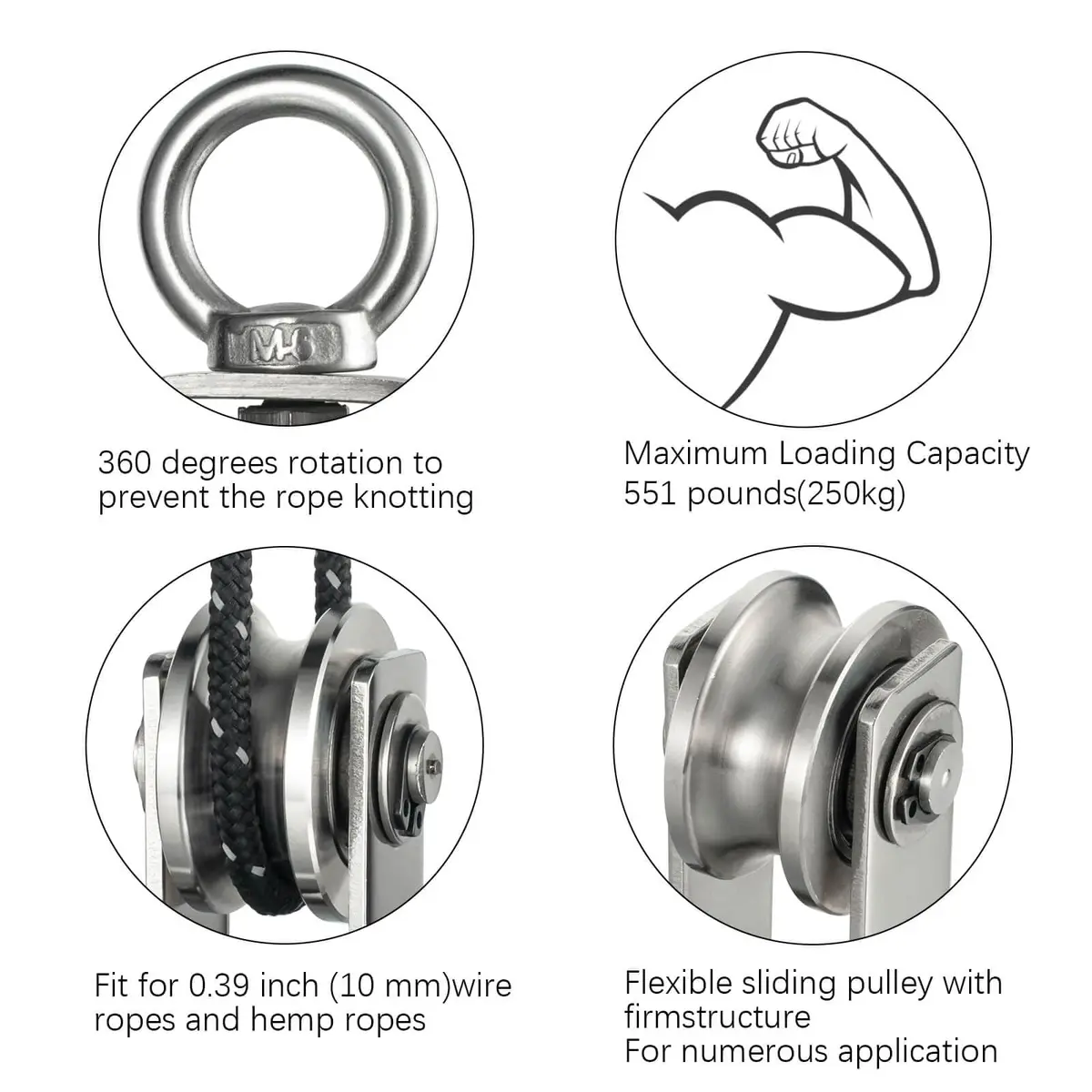 SHINICO M34 Pulley Wheel with Carabiner, 250 kg (551 lbs) Load Capacity | Stainless Steel, Smooth Silent Bearings - view 5